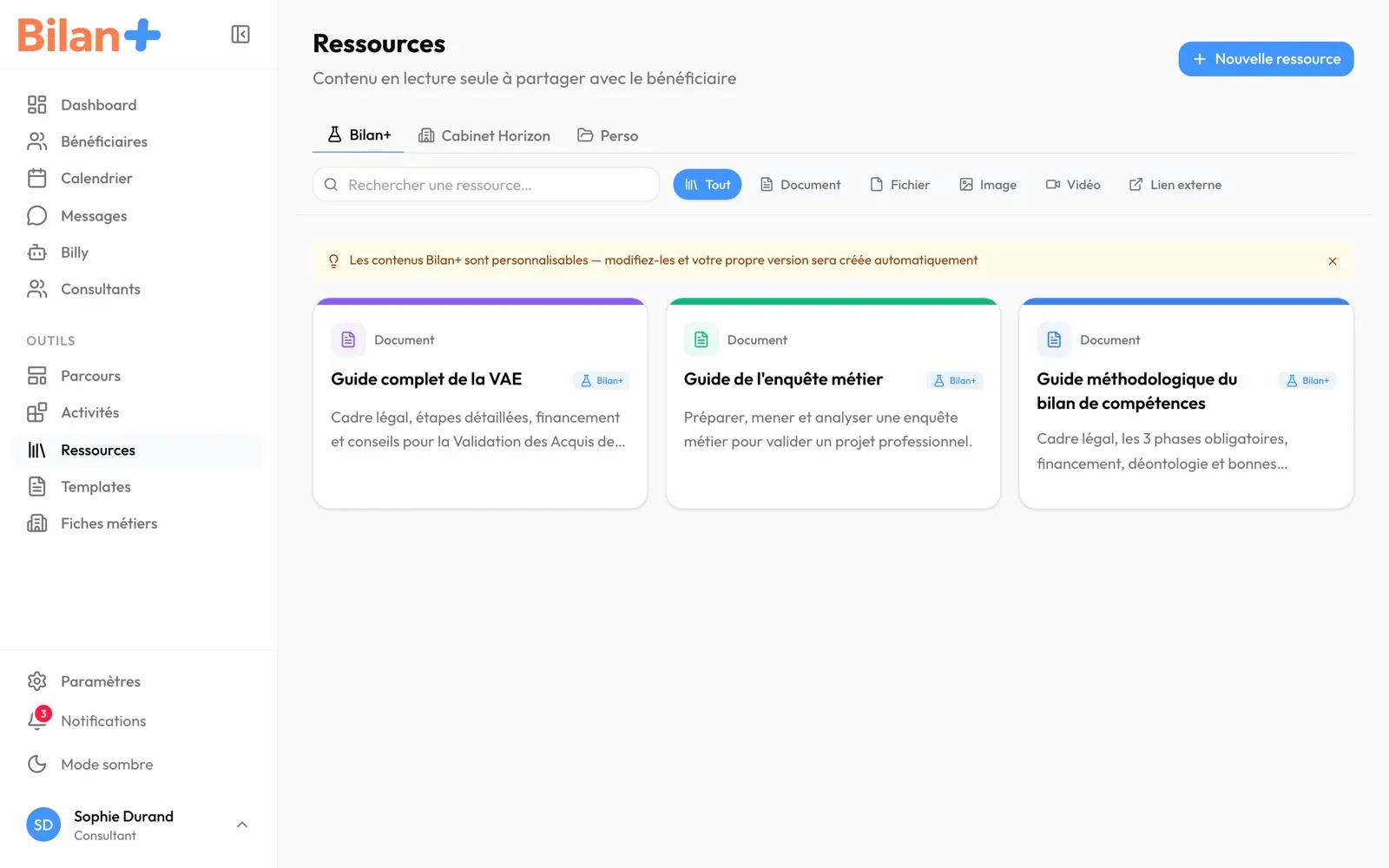La bibliothèque « Ressources », onglet « Bilan+ » : les trois guides fournis