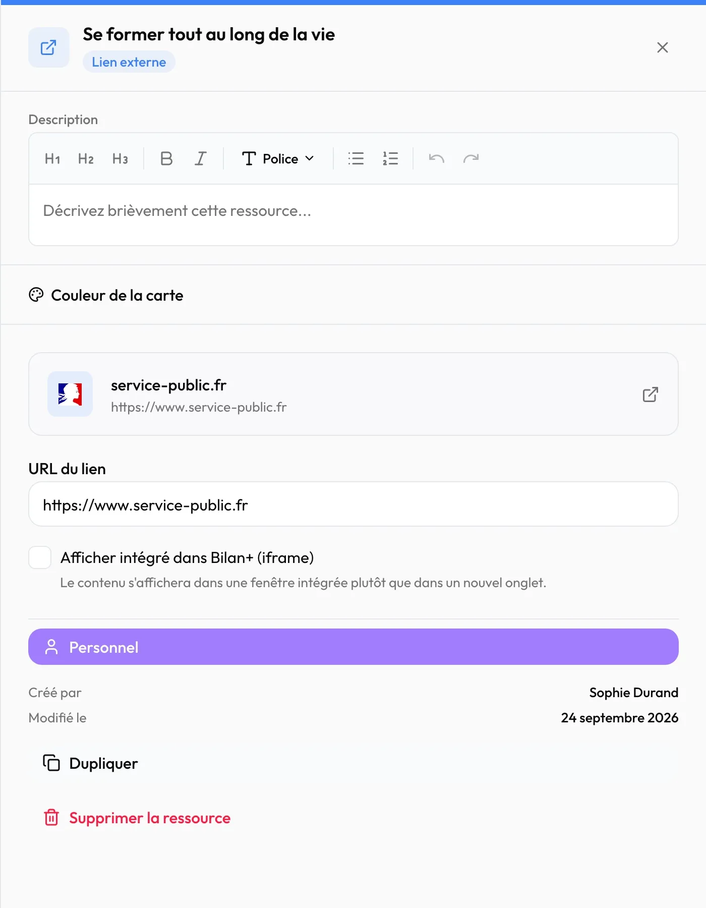 La fiche d'une ressource de type « Lien externe »