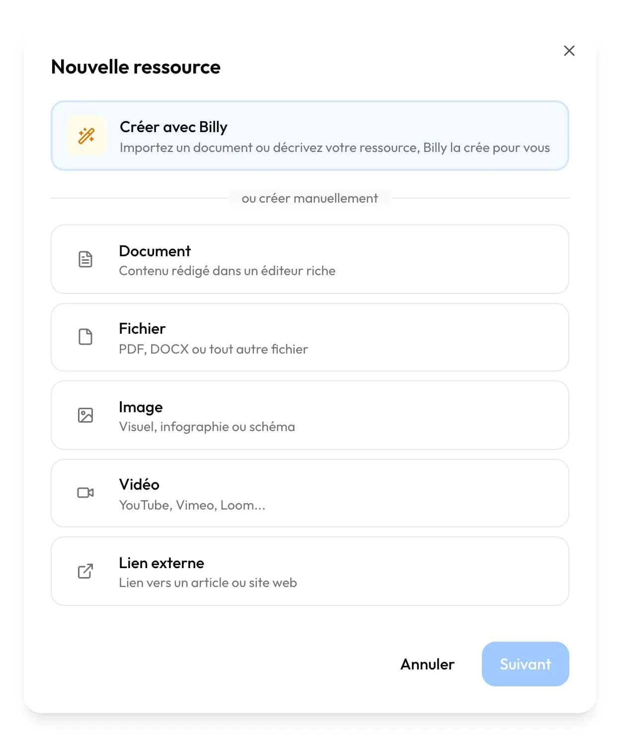 La fenêtre « Nouvelle ressource » et ses types