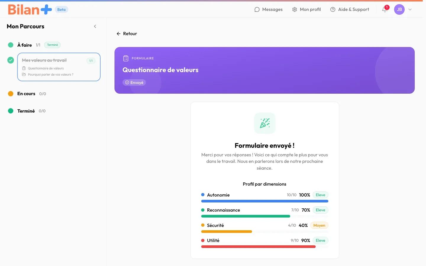 La restitution : « Formulaire envoyé ! », le message du consultant et le profil par dimensions