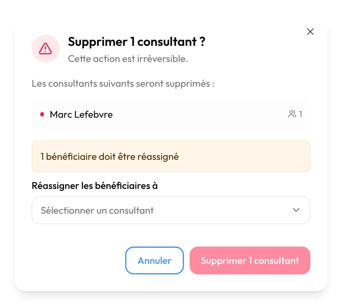 Fenêtre « Supprimer 1 consultant ? » : « 1 bénéficiaire doit être réassigné » et le choix du repreneur