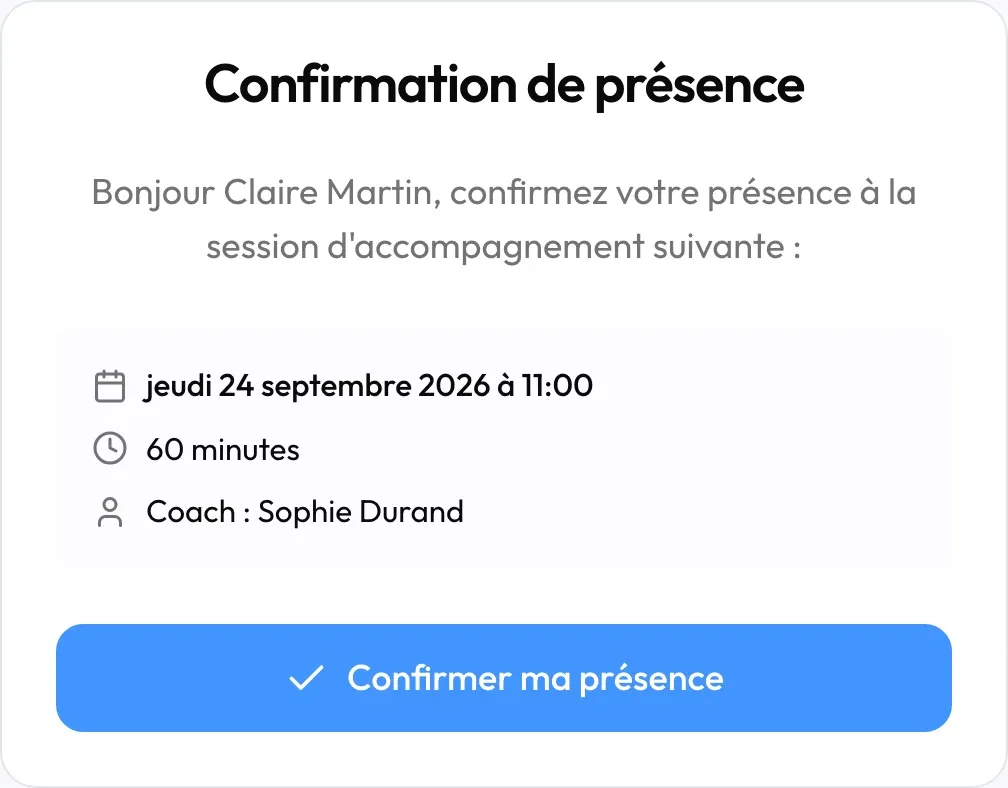 La page « Confirmation de présence », avec le bouton « Confirmer ma présence »
