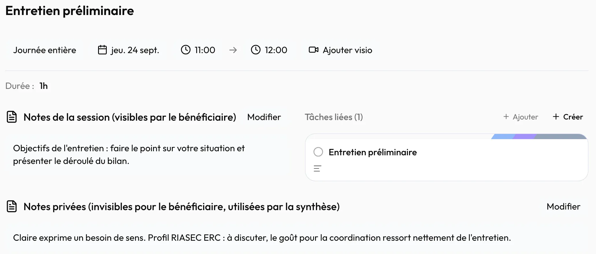 Les deux champs de notes de la séance, et la carte liée « Entretien préliminaire »