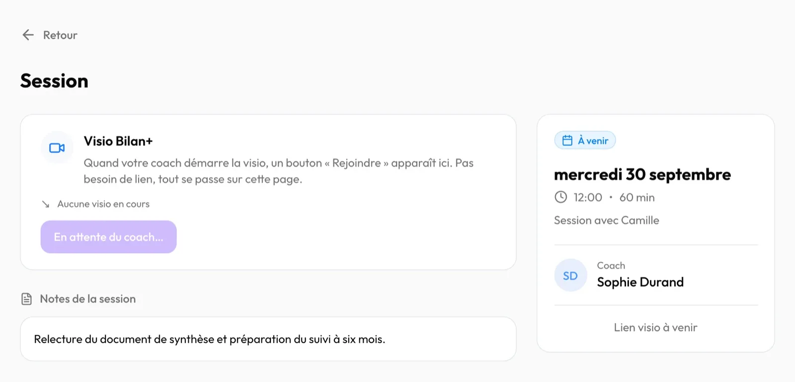 La page entière d'une séance à venir : la visio en attente du consultant, les notes de la session, et la date à droite