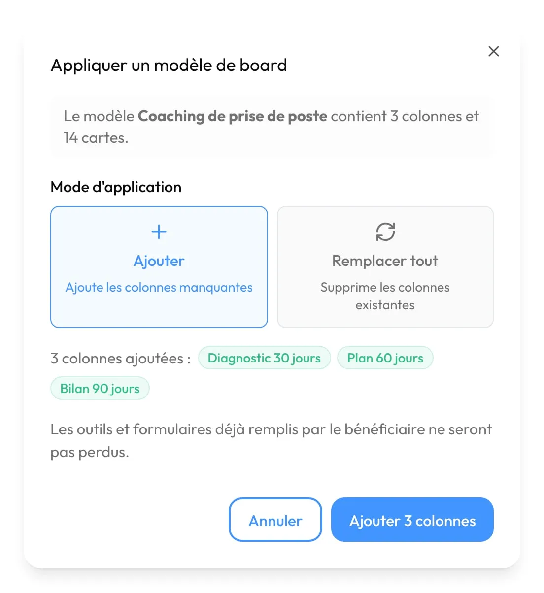 La fenêtre « Appliquer un modèle de board » : modes « Ajouter » et « Remplacer tout », colonnes ajoutées, bouton « Ajouter 3 colonnes »