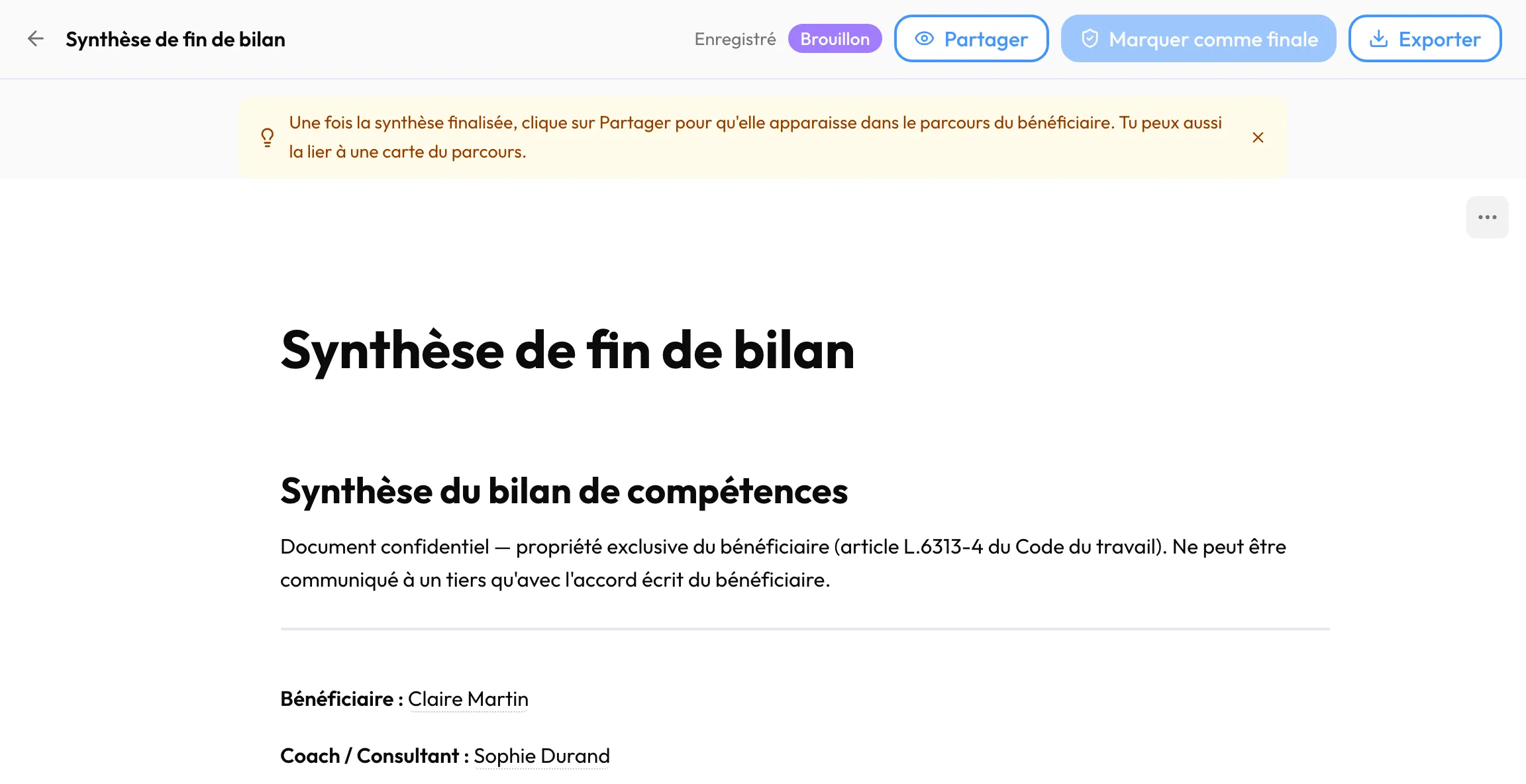 La « Synthèse de fin de bilan » en « Brouillon », avec « Partager », « Marquer comme finale » et « Exporter »