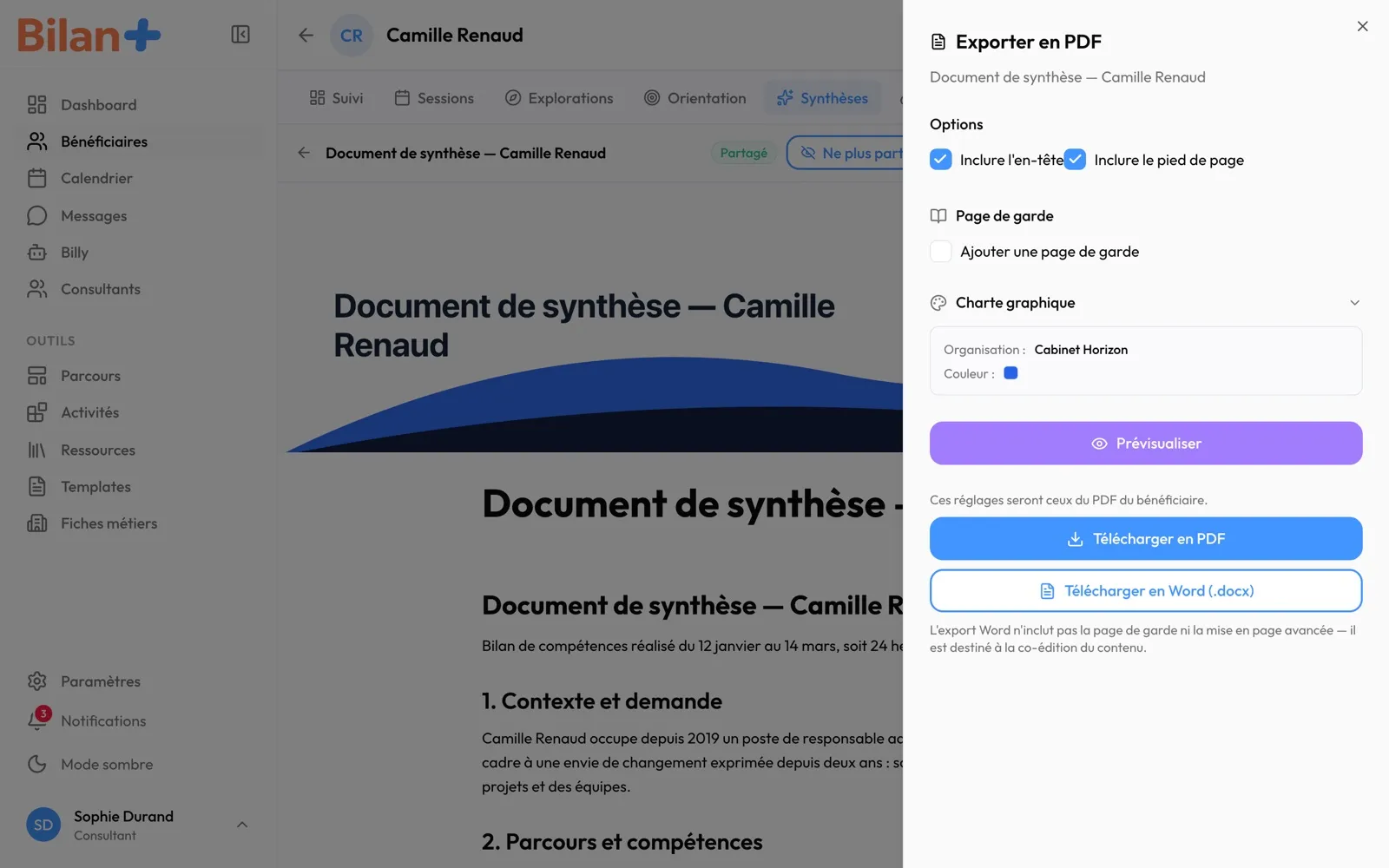Le panneau « Exporter en PDF » de la synthèse finale de Camille Renaud
