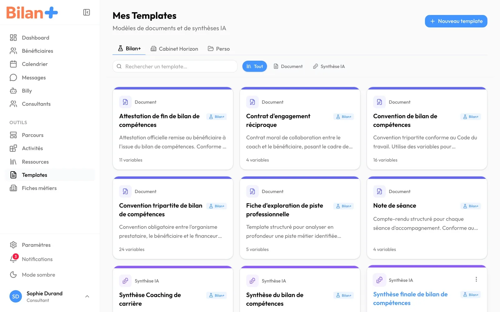 La bibliothèque « Mes Templates », onglet « Bilan+ »