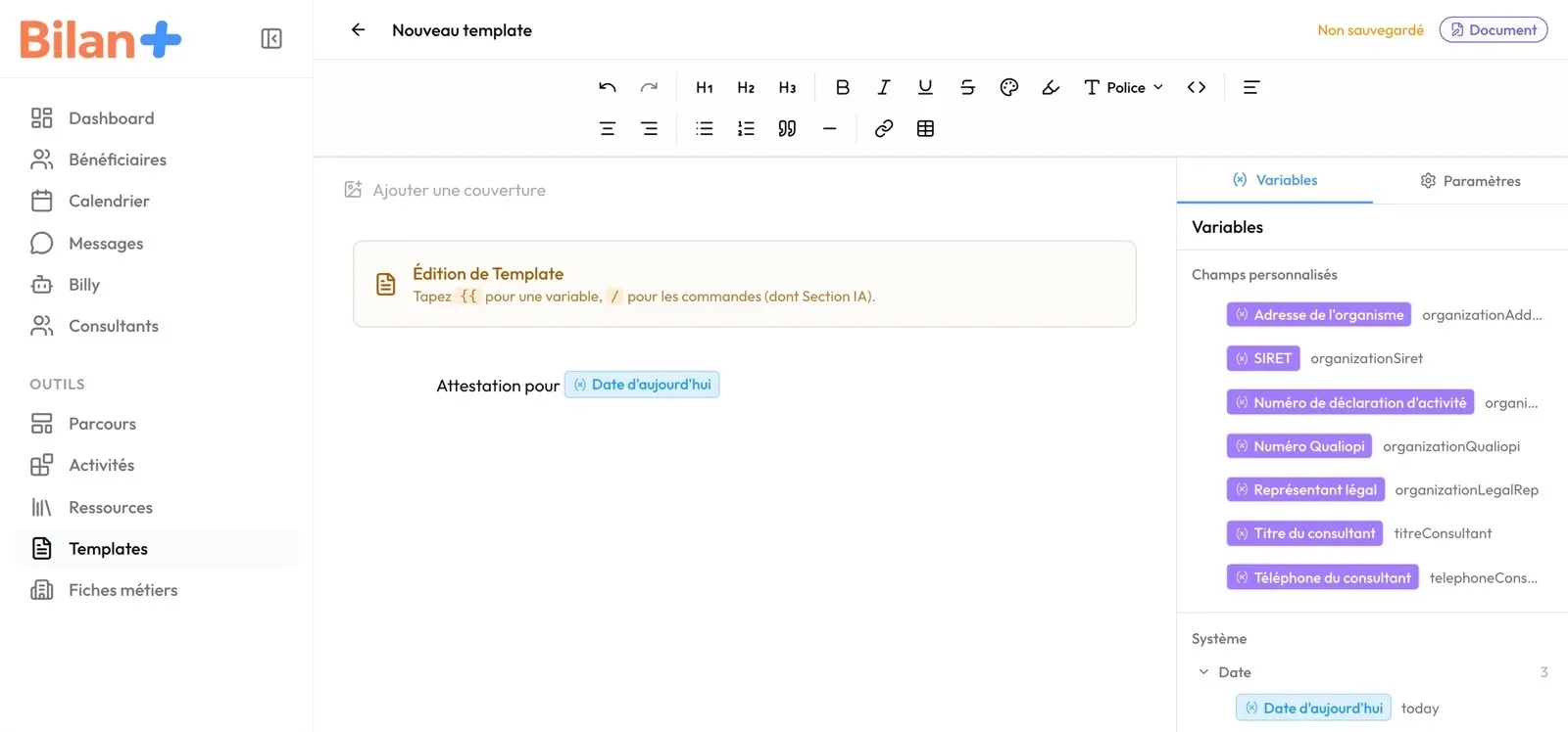 L'éditeur d'un modèle de document : une variable insérée, et le panneau « Variables »