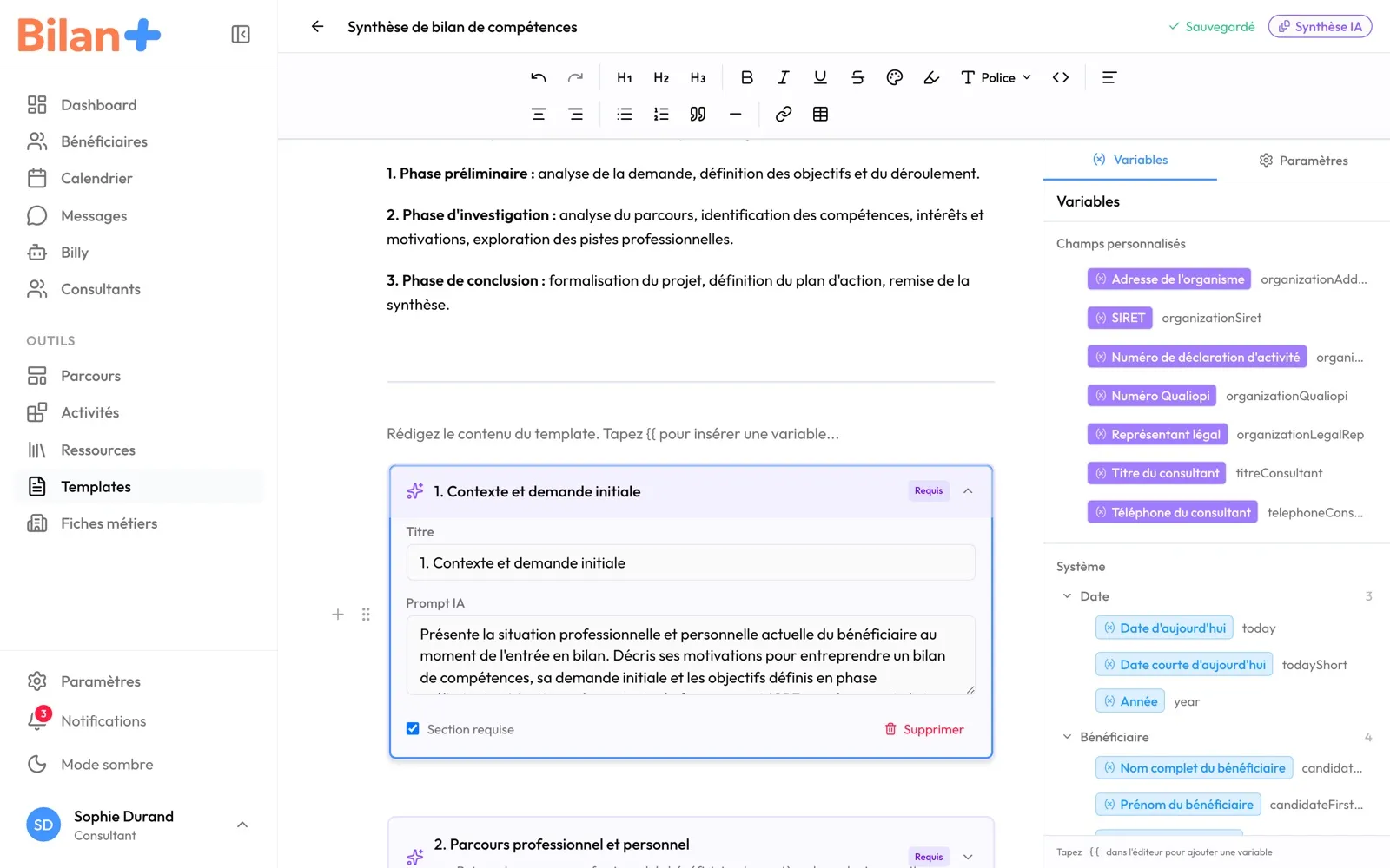 Une section IA dépliée : « Titre », « Prompt IA », « Section requise »